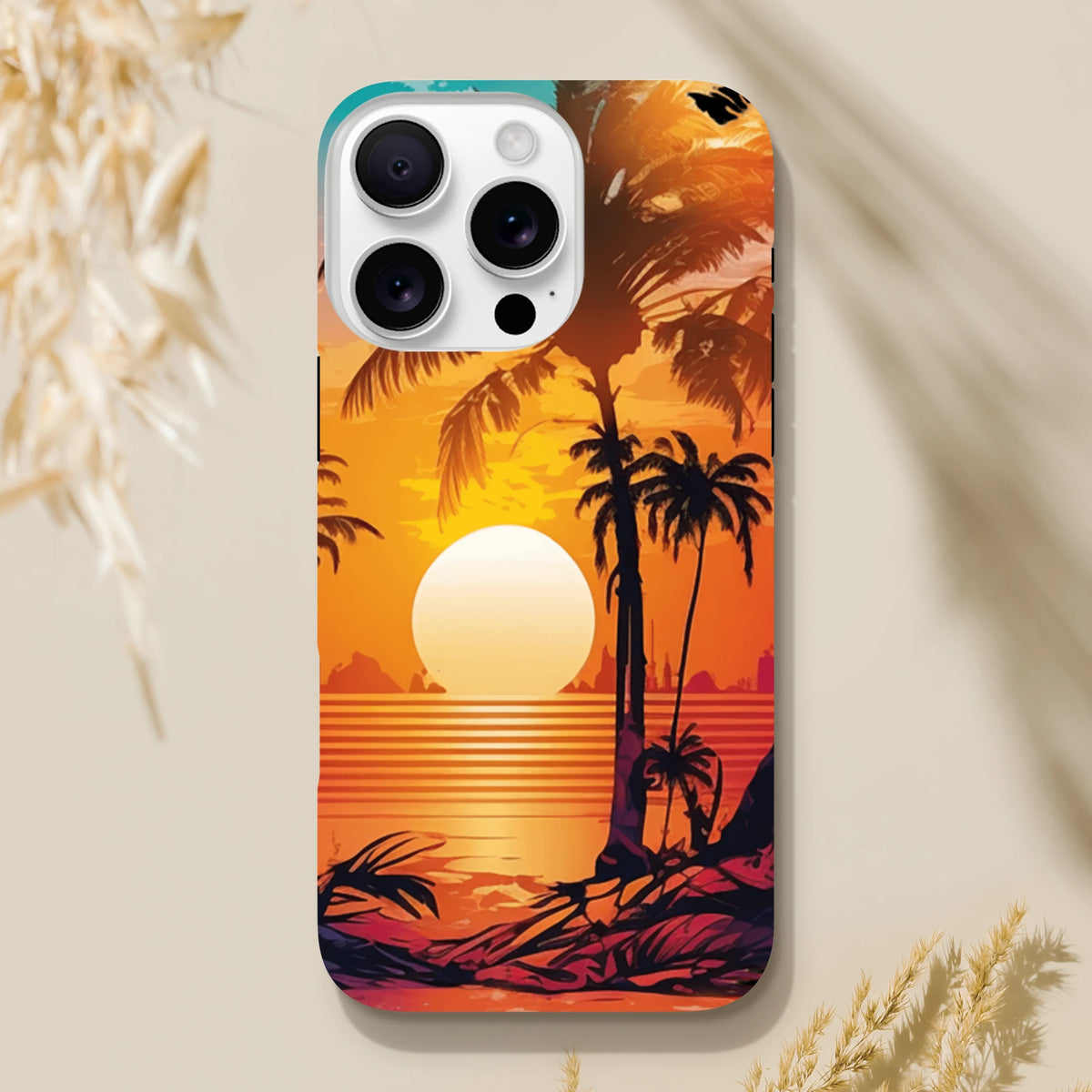 Retro tropical sunset iPhone case featuring palm tree silhouettes and orange horizon gradient over water.