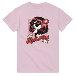 Pink Retro Pop Art Girl graphic tee featuring a woman with sunglasses and lollipop, bold vintage "Retro Girl" text, and halftone dot pattern.
