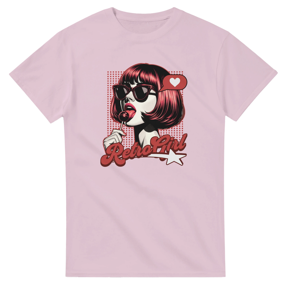 Pink Retro Pop Art Girl graphic tee featuring a woman with sunglasses and lollipop, bold vintage "Retro Girl" text, and halftone dot pattern.