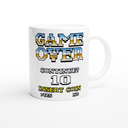 Urban Palm Trees 90s arcade mug with pixel-style GAME OVER CONTINUE? 10 INSERT COIN YES NO on white ceramic