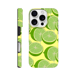 Green lime slice pattern iPhone case on yellow background. Fresh citrus tough phone cover for iPhone 13-16, shielding device with streetwear style.
