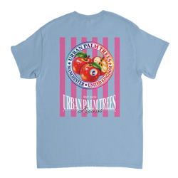 Retro light blue t-shirt back print featuring red apples on pink stripes with Urban Palm Trees text.
