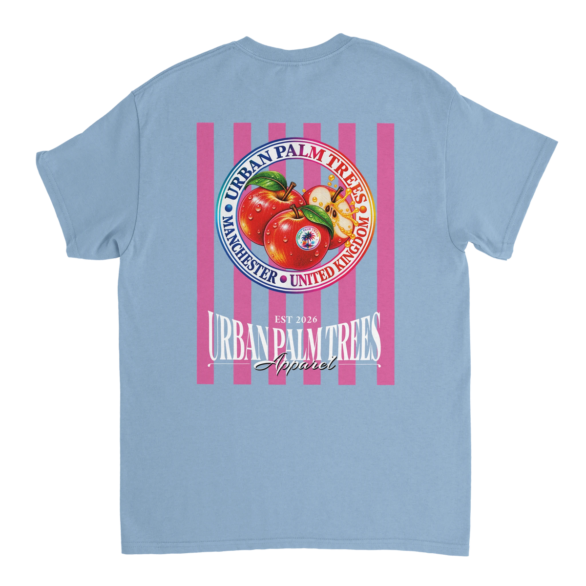 Retro light blue t-shirt back print featuring red apples on pink stripes with Urban Palm Trees text.