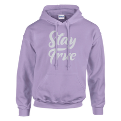 Lavender hoodie with white Stay True script, front pocket, drawstring hood.
