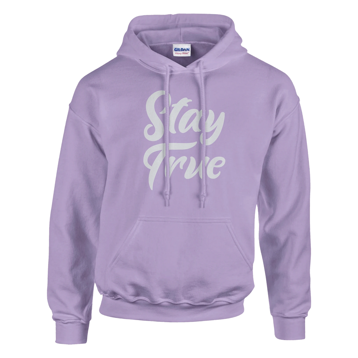 Lavender hoodie with white Stay True script, front pocket, drawstring hood.