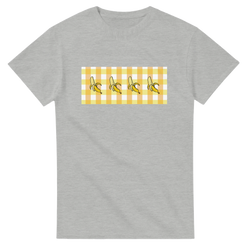 Gray women's T-shirt with a yellow banana gingham graphic on the chest.