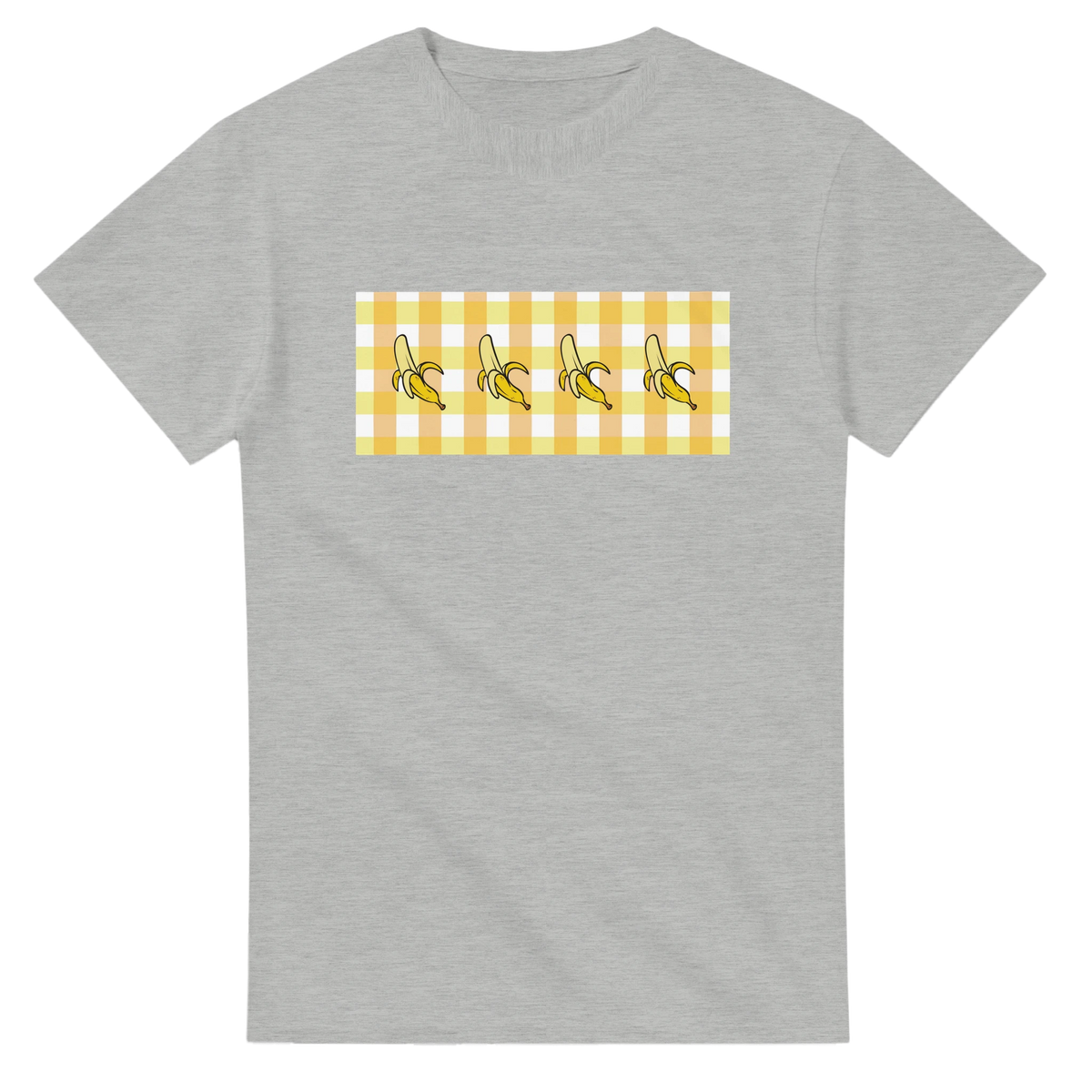 Gray women's T-shirt with a yellow banana gingham graphic on the chest.