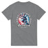Grey USA men's graphic T-shirt featuring Statue of Liberty within a red-blue circle, 'America' and 4th July text.