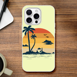 Retro Beach iPhone case (13-16) with cute palm tree sunset design on pastel yellow back.
