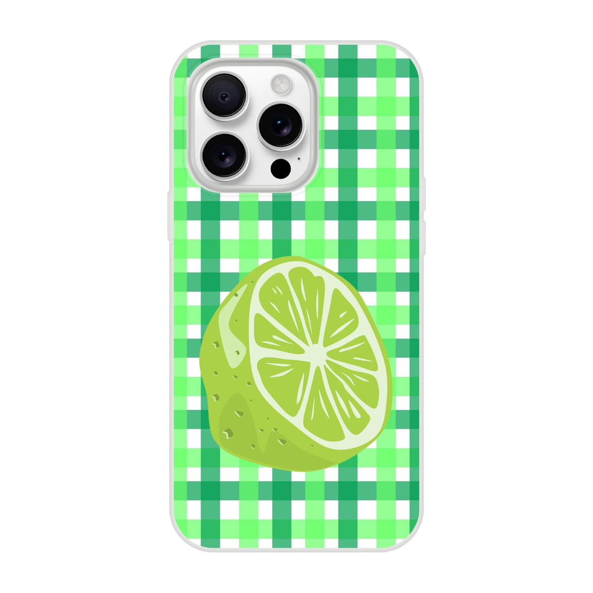Green lime-gingham iPhone case with lime-slice graphic for iPhone 13–16.