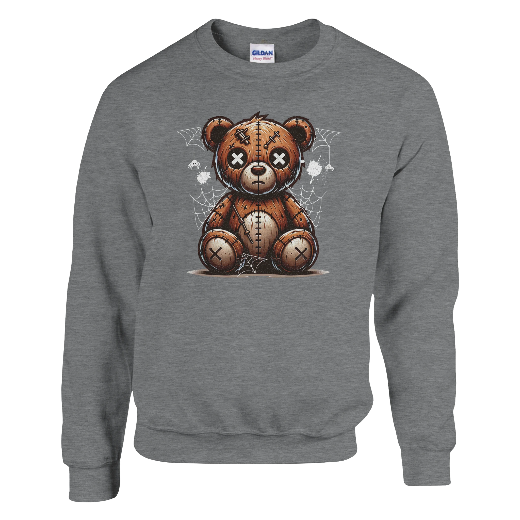 Stressed Teddy Bear men's graphic sweatshirt featuring a stitched patchwork bear with spiderweb backdrop on gray fabric.