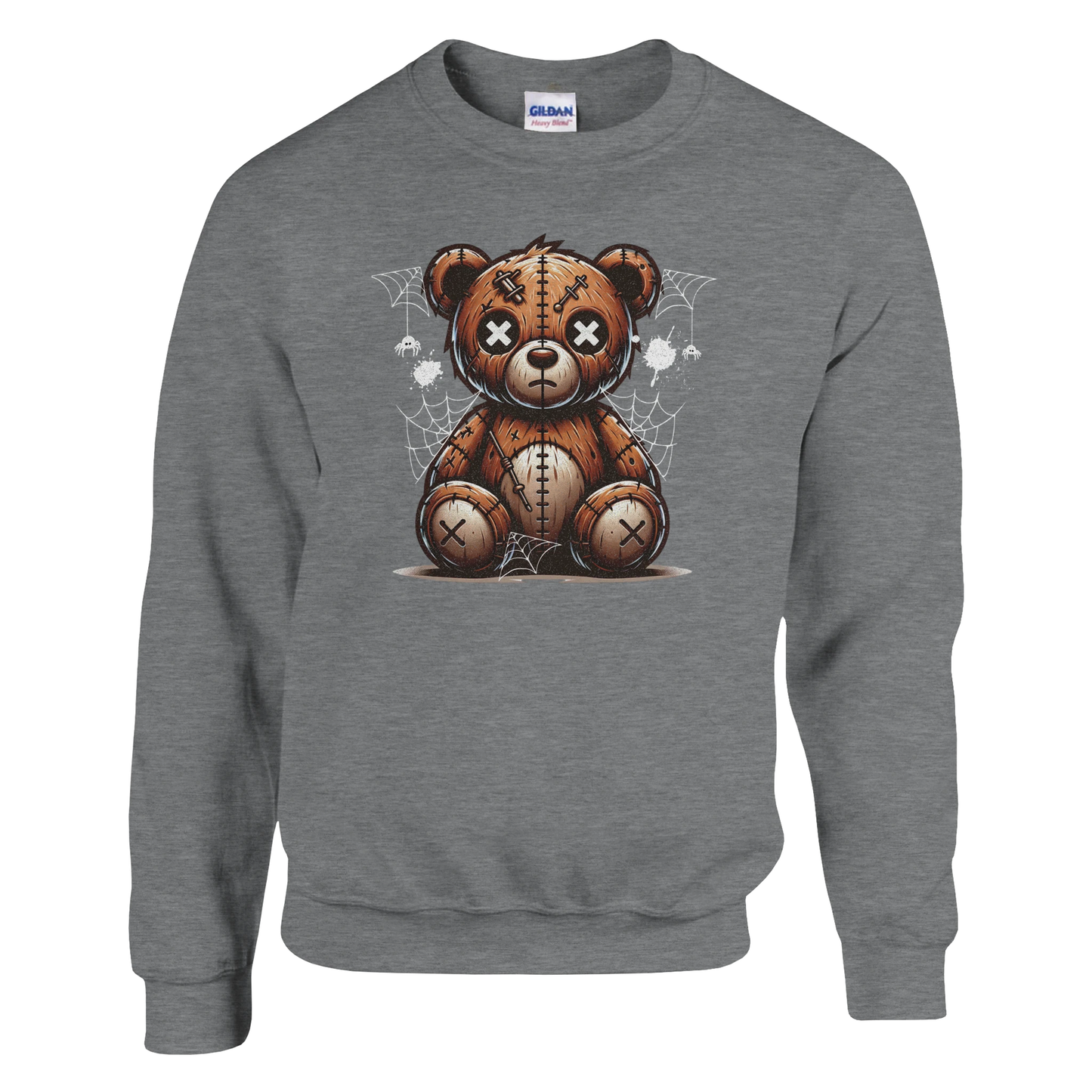Gray men's graphic sweatshirt with a teddy bear graphic on a white background