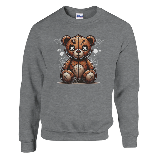 Gray men's graphic sweatshirt with a teddy bear graphic on a white background