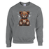 Stressed Teddy Bear men's graphic sweatshirt featuring a stitched patchwork bear with spiderweb backdrop on gray fabric.