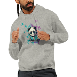Panda DJ men's graphic hoodie in grey with a multicolor panda DJ print, 50/50 cotton-poly blend, sizes S-XL.