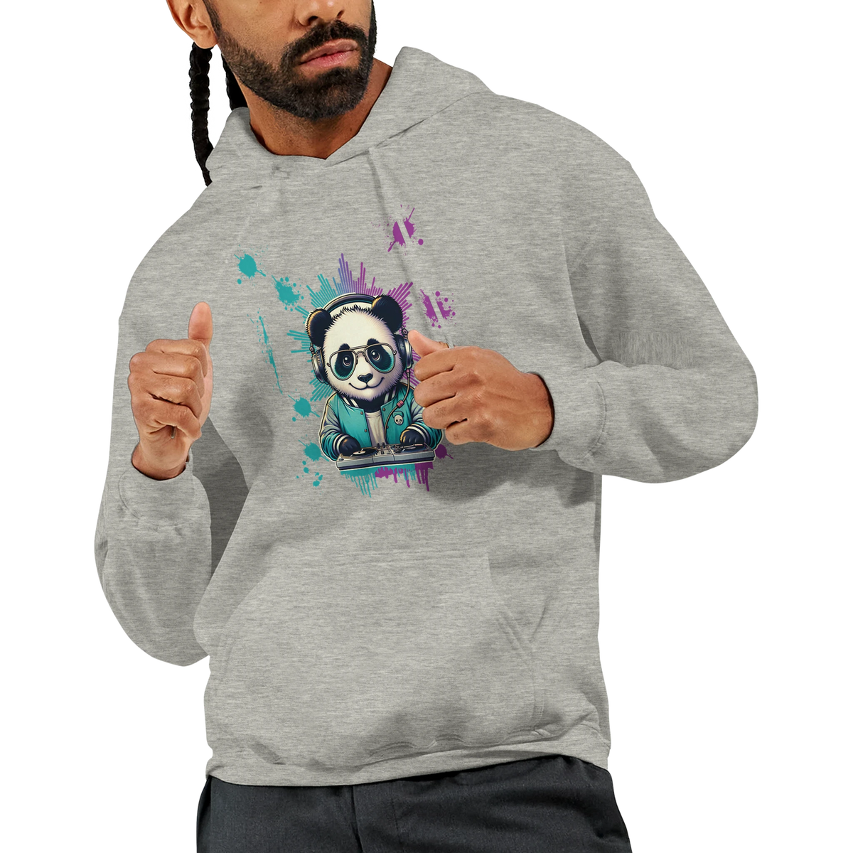 Panda DJ men's graphic hoodie in grey with a multicolor panda DJ print, 50/50 cotton-poly blend, sizes S-XL.