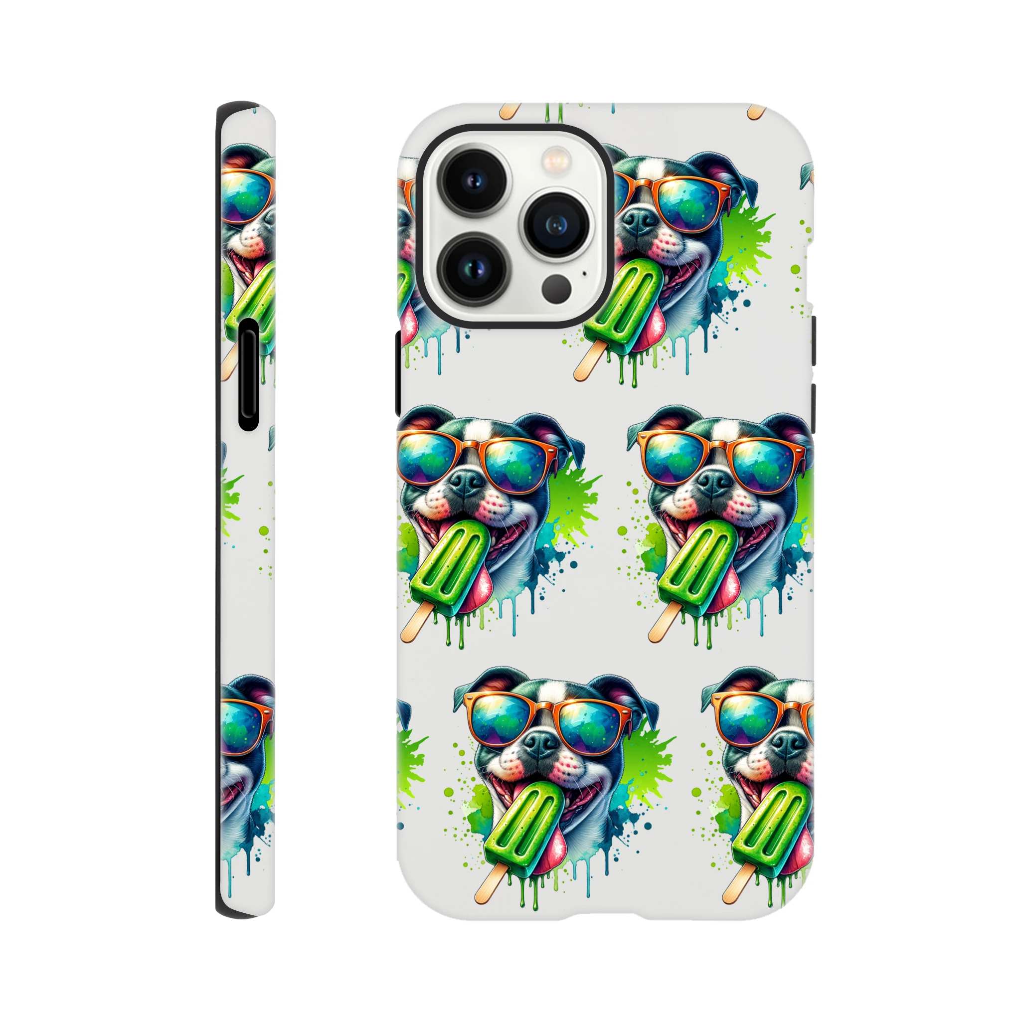 Tough protective iPhone case with wraparound dog design: sunglasses-wearing pup with a green popsicle for iPhone 16-13.