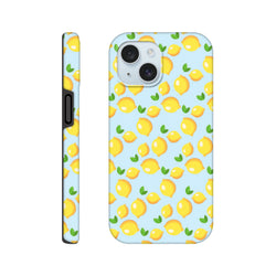 Cute lemon tough iPhone case featuring a fresh yellow fruit pattern with green leaves on a light blue background for models 13-16.