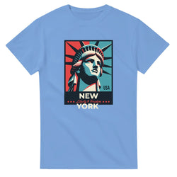New York men's graphic T-shirt with Statue of Liberty poster design on light blue fabric.