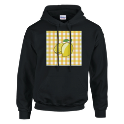 Retro lemon gingham hoodie with bold yellow lemon graphic on a checkered panel