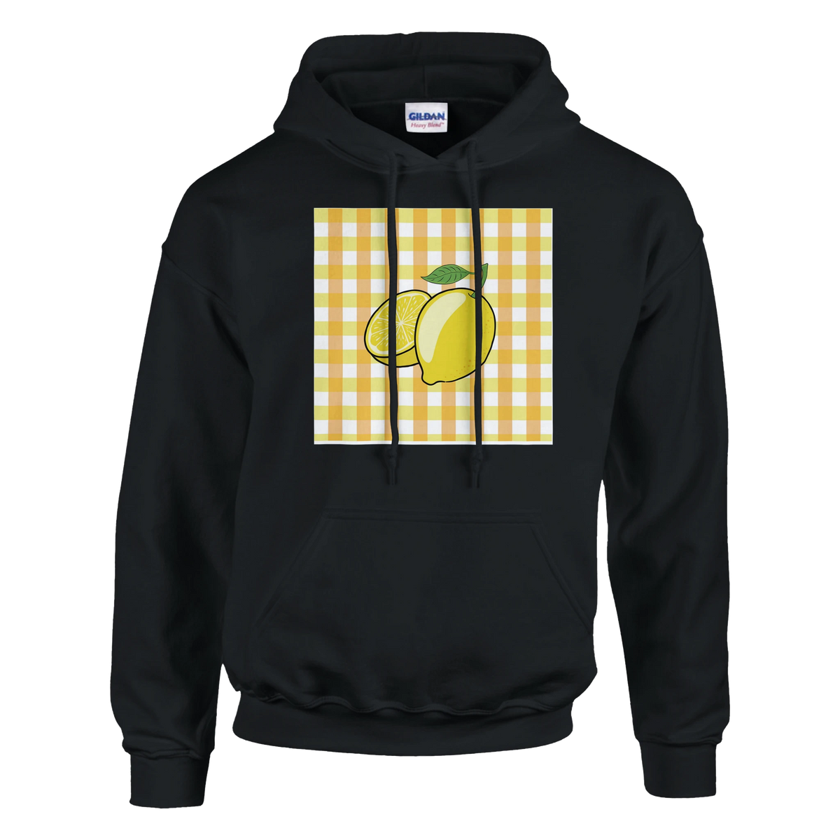 Retro lemon gingham hoodie with bold yellow lemon graphic on a checkered panel
