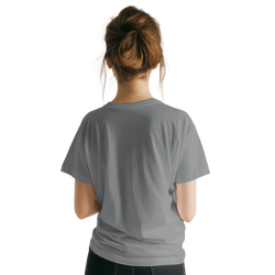 Back view of a woman wearing a gray cute summer t-shirt with retro and vintage vibes.
