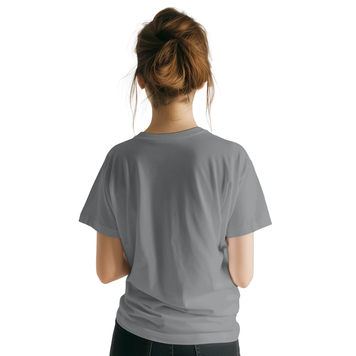 Back view of a woman wearing a gray cute summer t-shirt with retro and vintage vibes.