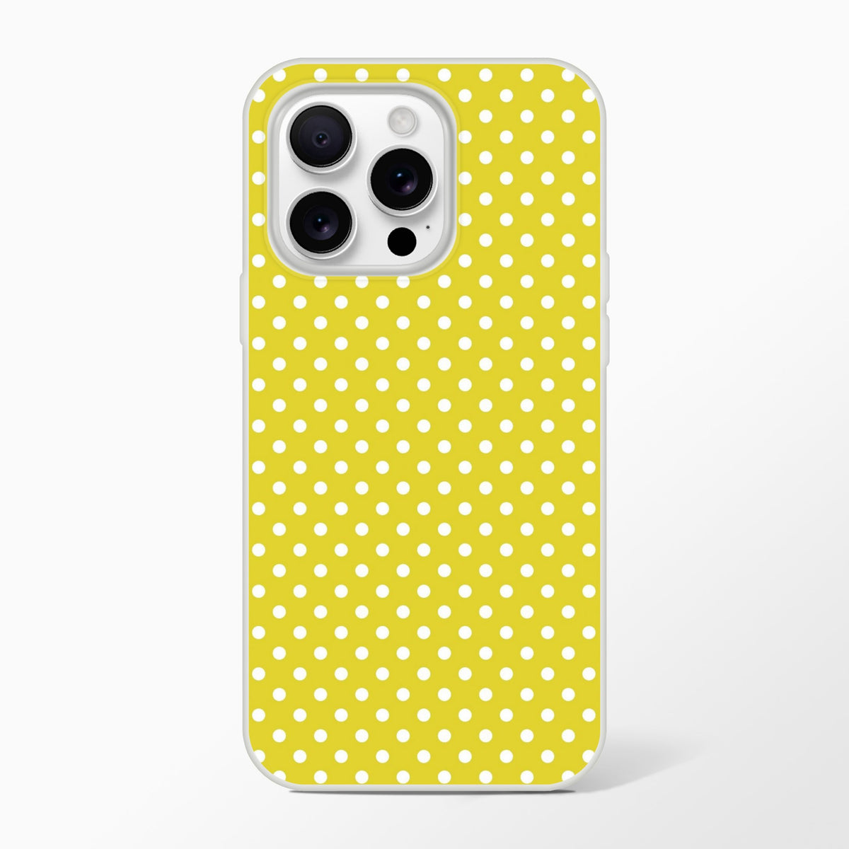 Retro yellow and white polka dot iPhone case with slim TPU protection for iPhone 13 through 16 models.