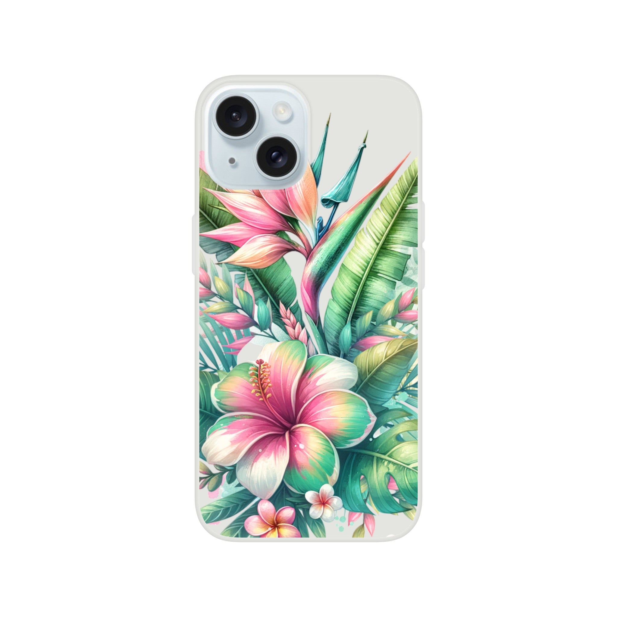 Exotic tropical floral iPhone case with vibrant pink blossoms and green leaves, slim protective cover for iPhone 16–13