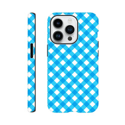 Blue gingham checkered tough iPhone case with retro pattern, shock-absorbing protection, and wireless charging compatibility.