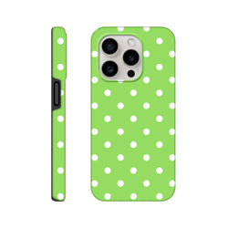 Green & white polka dot tough iPhone case featuring a dual-layer shock-absorbing design for drop protection and a cute glossy finish.