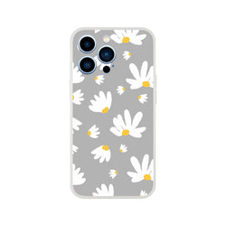 Ditsy Daisy iPhone case (13-16): gray background with white daisies and yellow centers, slim matte floral cover.