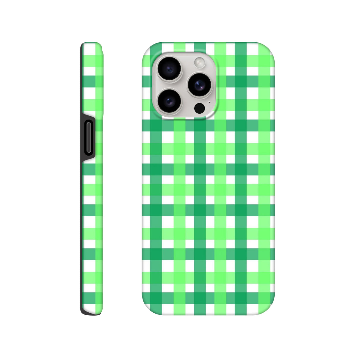 Retro green gingham iPhone case featuring bold wraparound plaid design for shock protection and vintage street style.