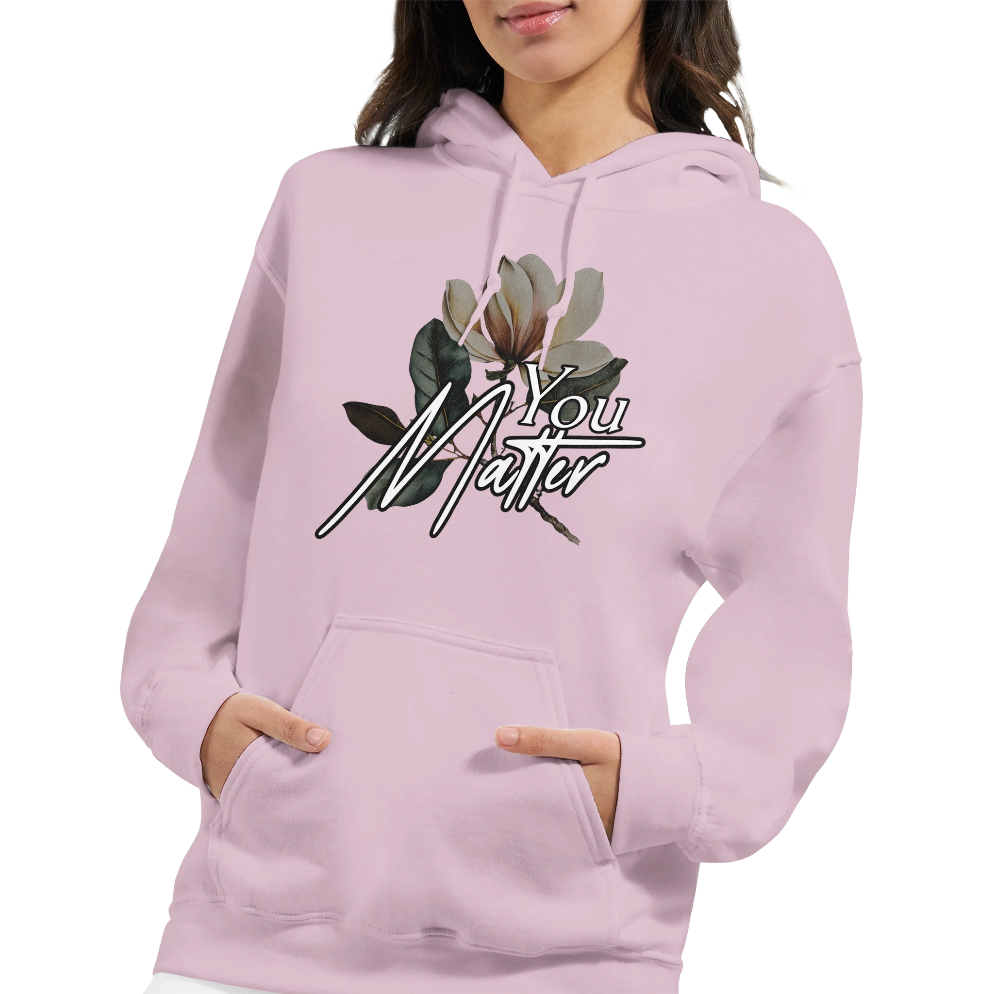 Pink women's graphic hoodie with You Matter floral slogan, front pouch pocket.