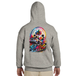Grey static slammed car hoodie for men featuring a colorful back graphic of a lowered vehicle and palm trees with Urban Palm Trees text.