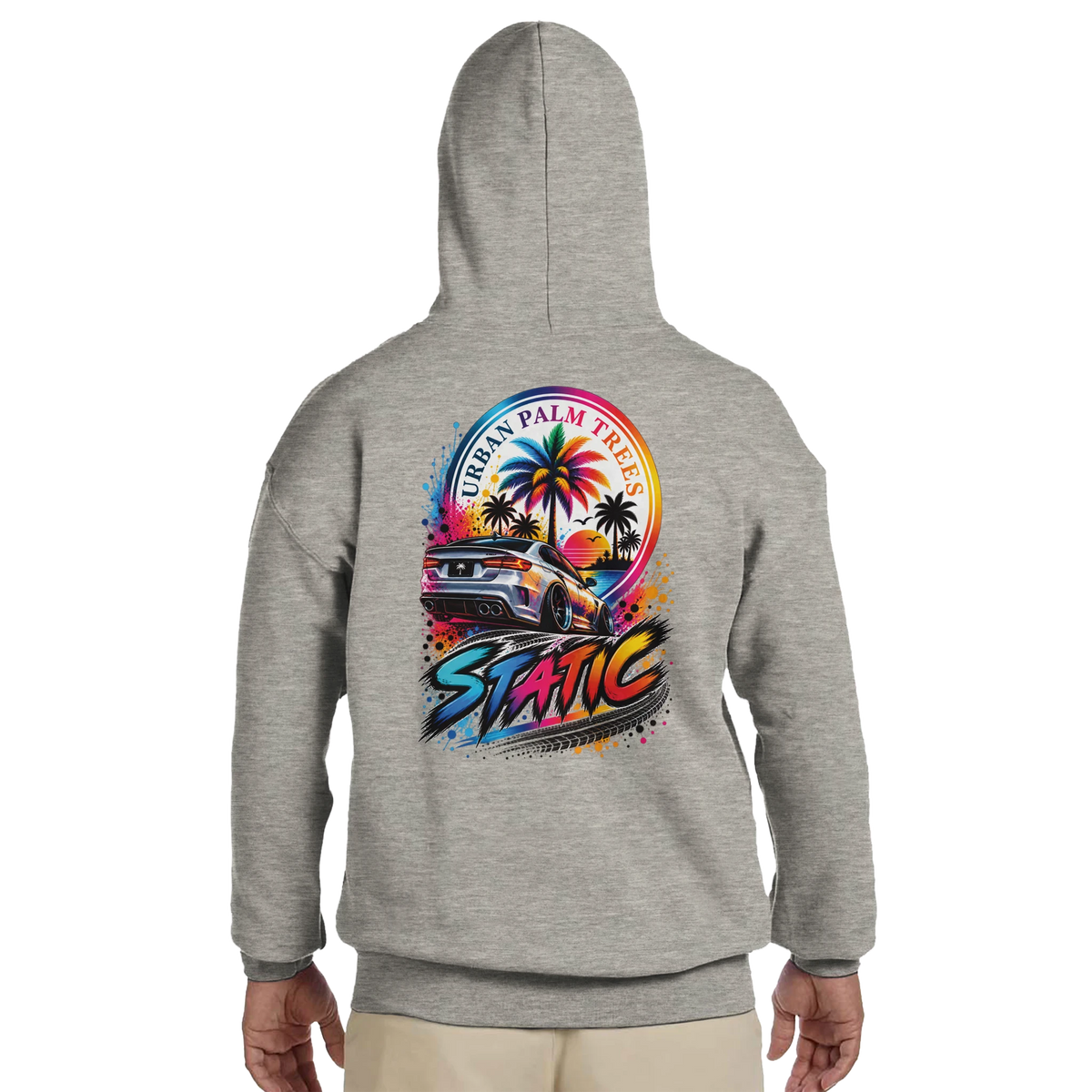 Grey static slammed car hoodie for men featuring a colorful back graphic of a lowered vehicle and palm trees with Urban Palm Trees text.