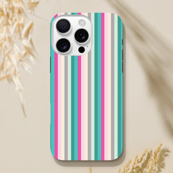 Retro pink and aqua vertical stripe tough iPhone case for models 13-16, offering street-ready style and protection.
