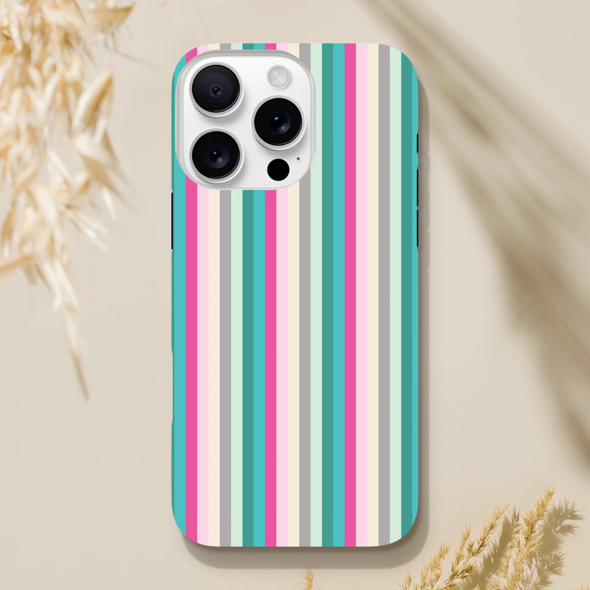 Retro pink and aqua vertical stripe tough iPhone case for models 13-16, offering street-ready style and protection.