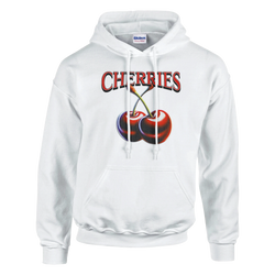 Women's Y2K Cherries Hoodie featuring bold CHERRIES text and cherry print on white cozy retro top