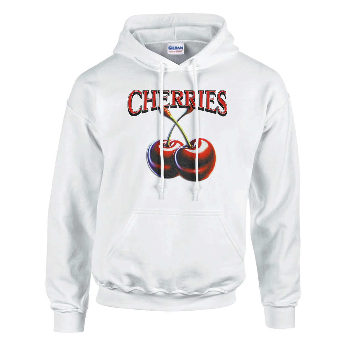 Women's Y2K Cherries Hoodie featuring bold CHERRIES text and cherry print on white cozy retro top
