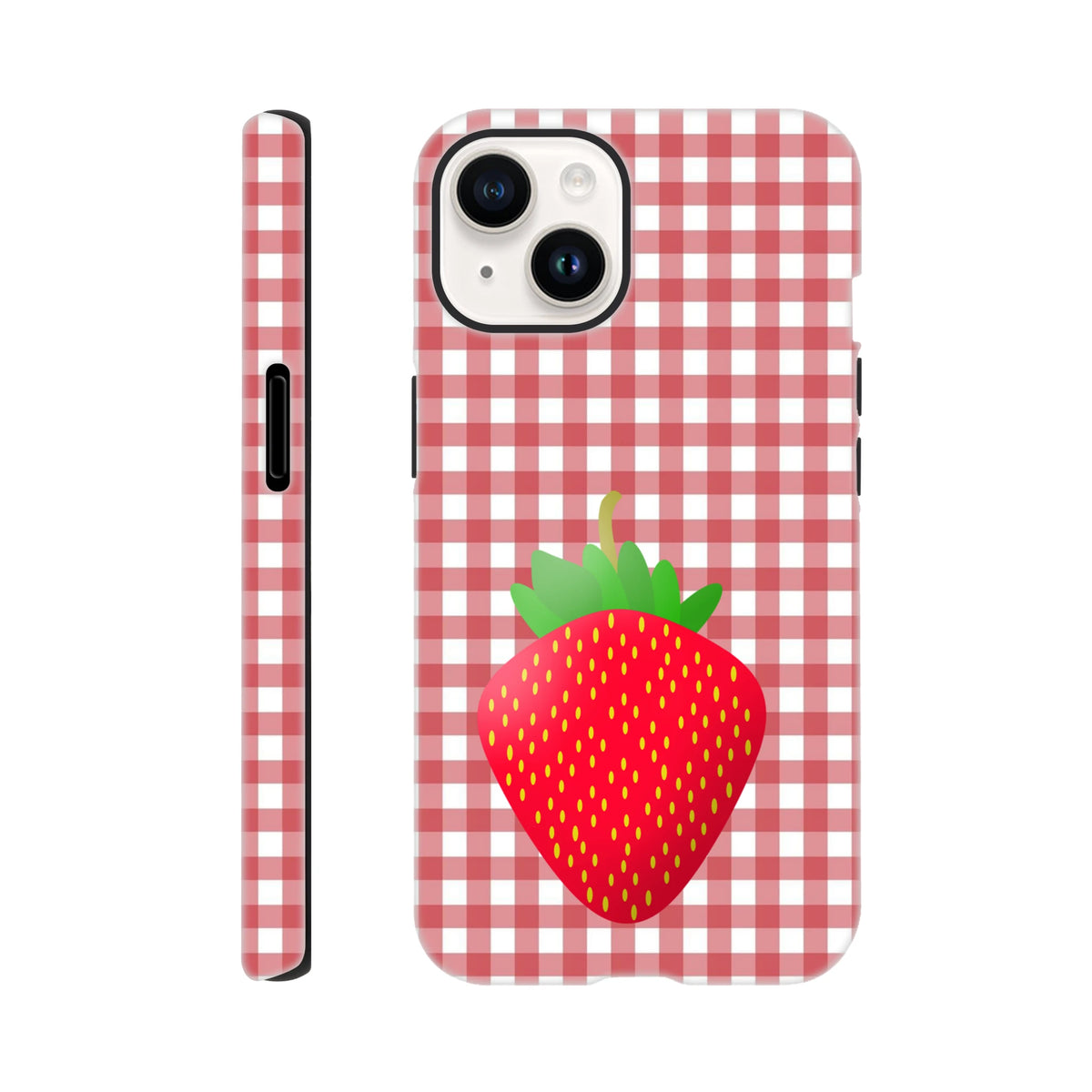 Red gingham iPhone case featuring a large cute strawberry graphic, perfect for drop protection and a vibrant look.