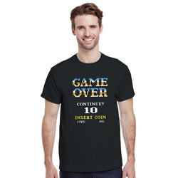 Man wearing black Retro Gamer graphic T-shirt featuring pixelated 'GAME OVER' design.