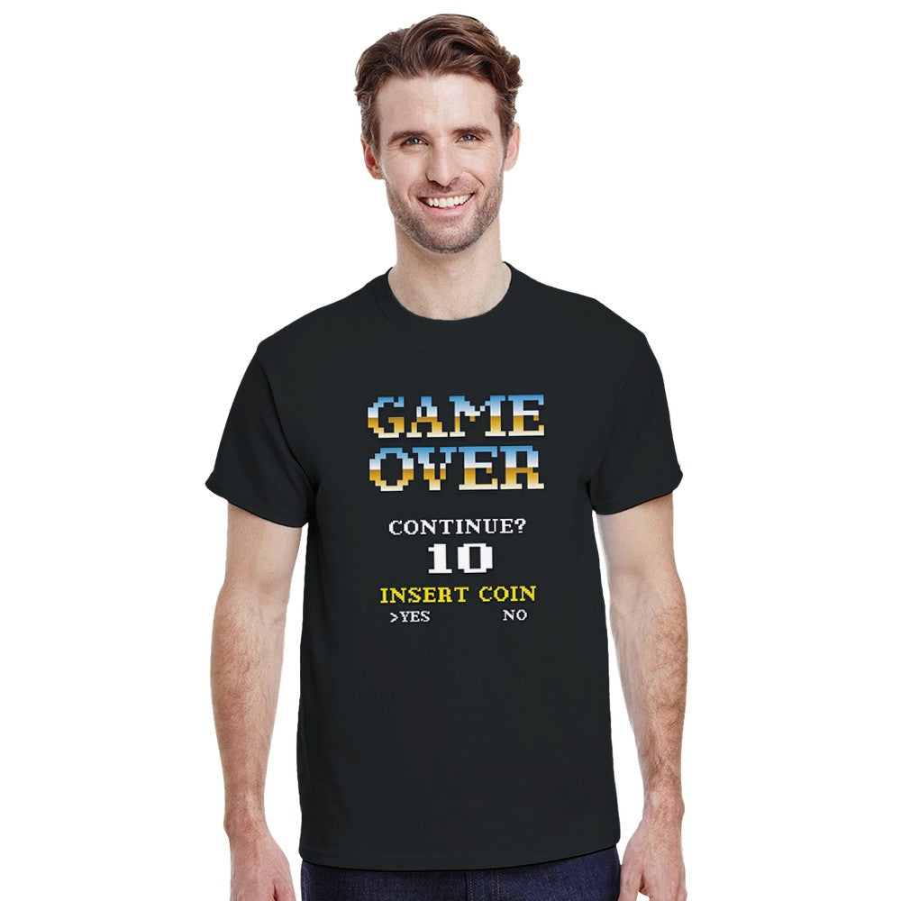 Man wearing black Retro Gamer graphic T-shirt featuring pixelated 'GAME OVER' design.