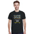 Man wearing black Retro Gamer graphic T-shirt featuring pixelated 'GAME OVER' design.