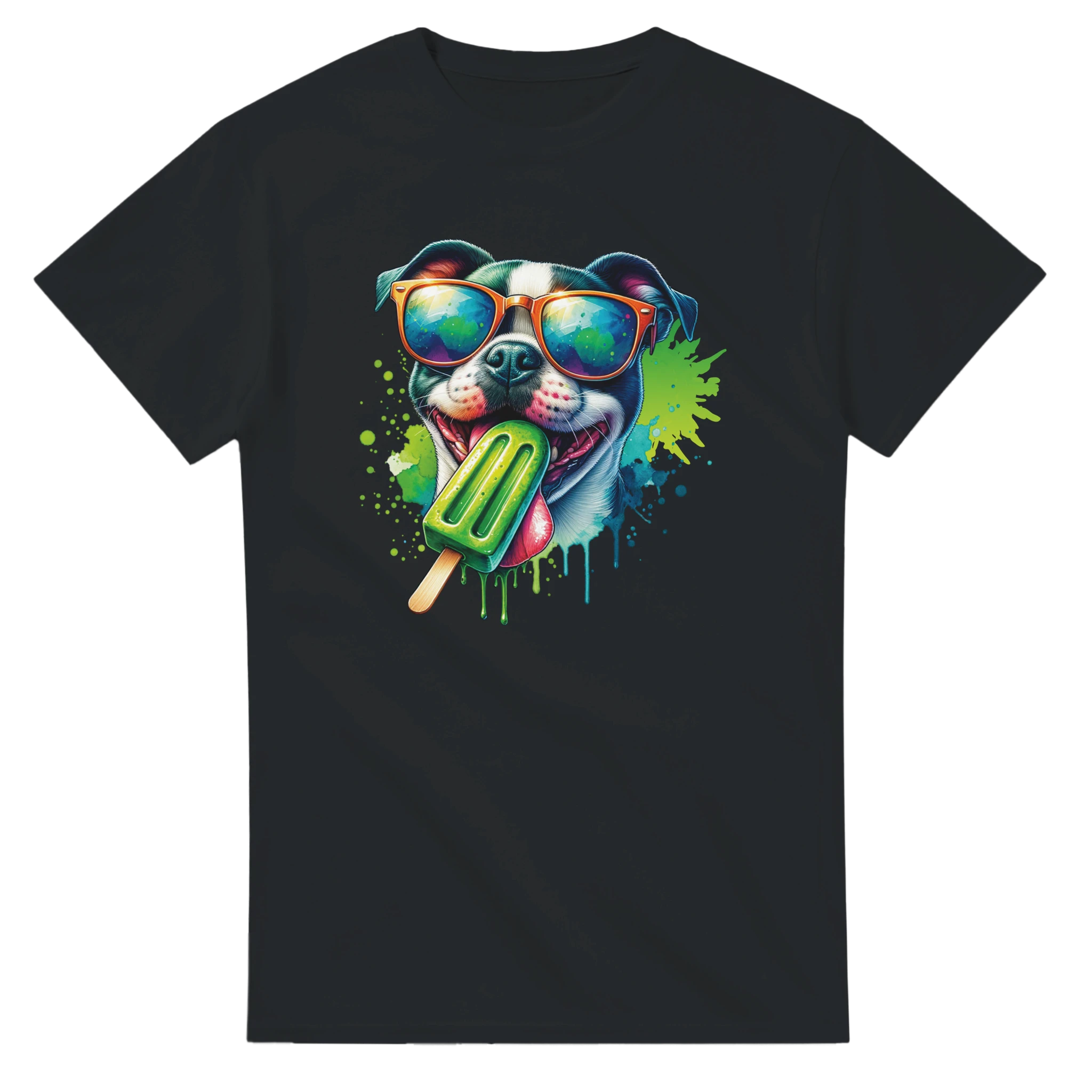 Black women's graphic tee with colorful dog wearing sunglasses, licking a green popsicle, splashy background.