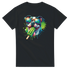 Black women's graphic tee with colorful dog wearing sunglasses, licking a green popsicle, splashy background.