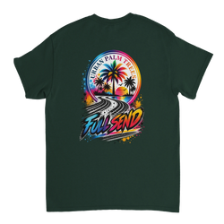 Back of dark green Full Send t-shirt featuring colorful "Urban Palm Trees" graphic with sunset, palm trees, and tire track art.
