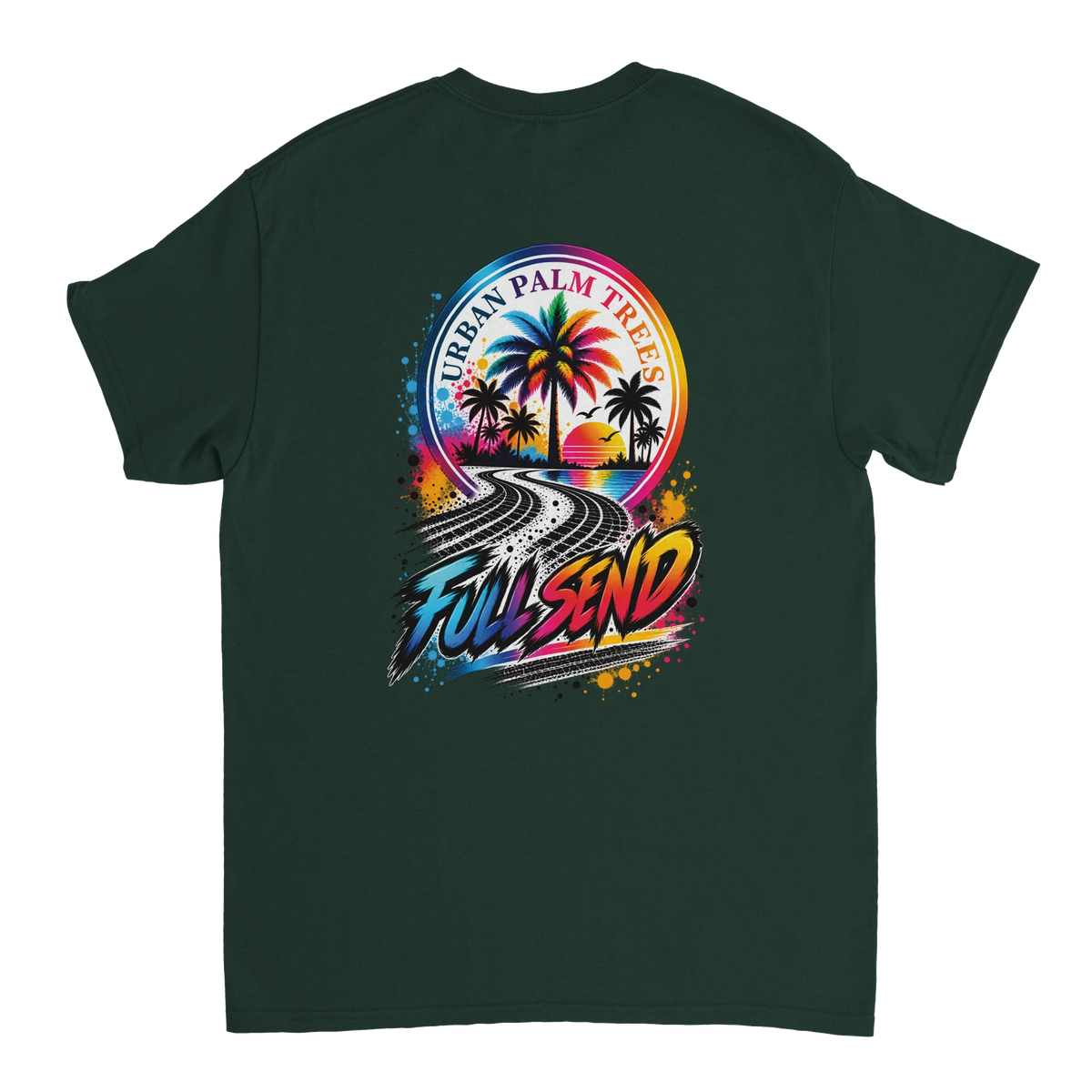 Back of dark green Full Send t-shirt featuring colorful "Urban Palm Trees" graphic with sunset, palm trees, and tire track art.