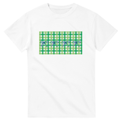 White T-shirt featuring a green gingham square and purple bows, Coquette aesthetic graphic.