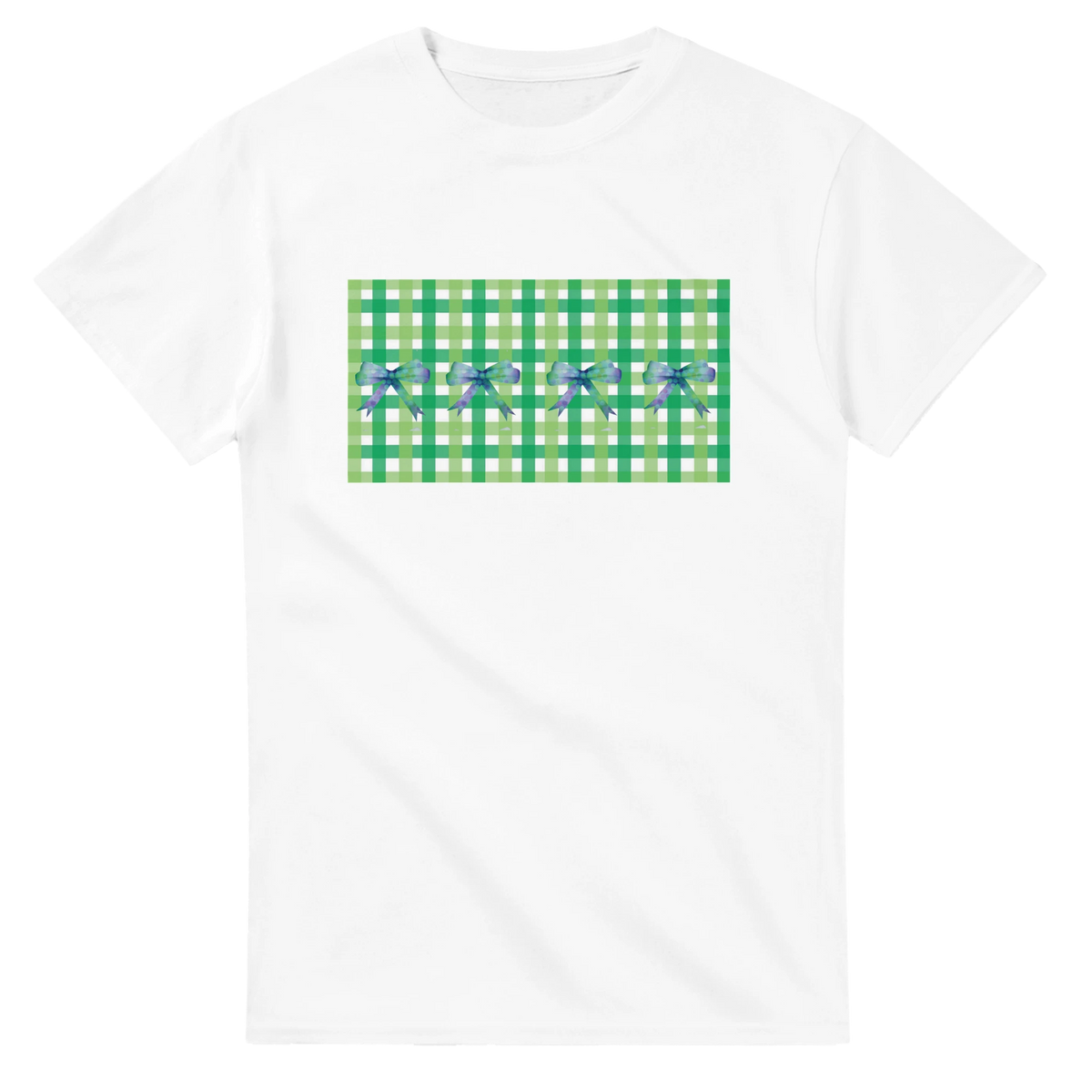 White T-shirt featuring a green gingham square and purple bows, Coquette aesthetic graphic.